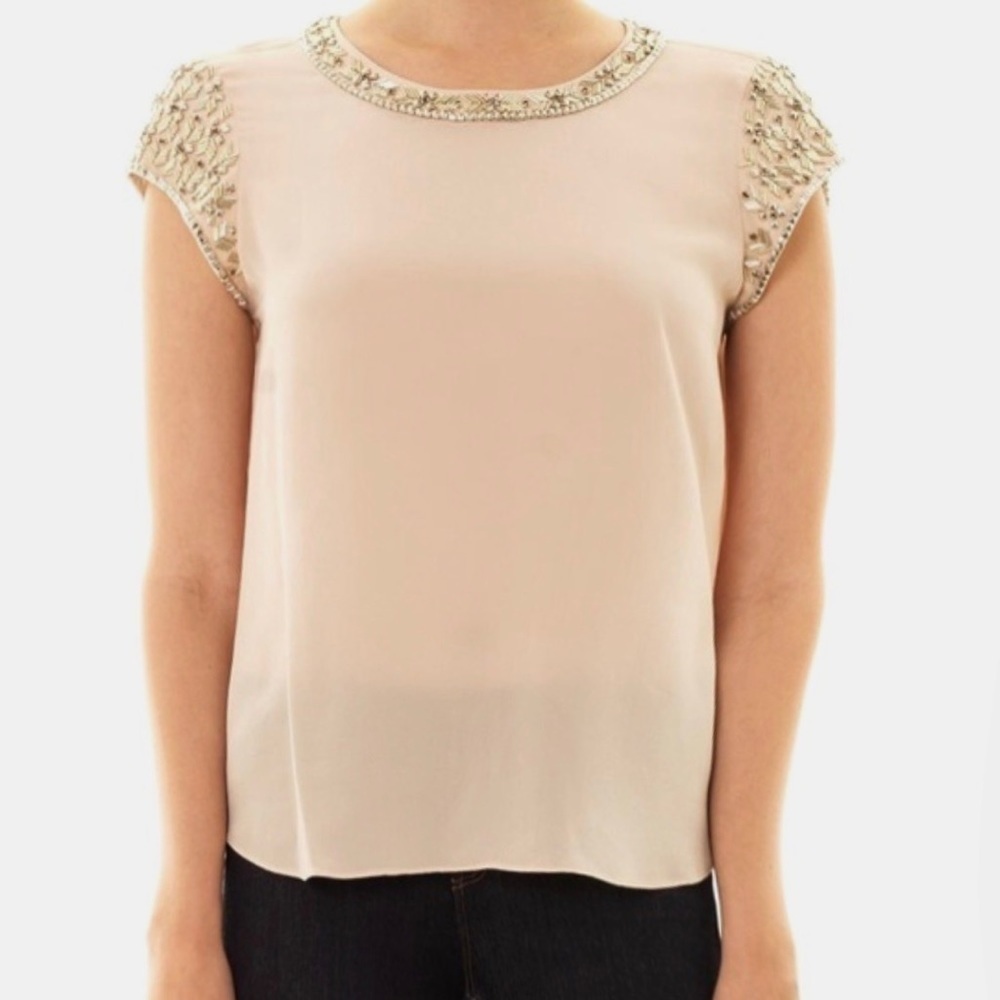 REBECCA Taylor 100% silk embellished blouse beige size 2 top